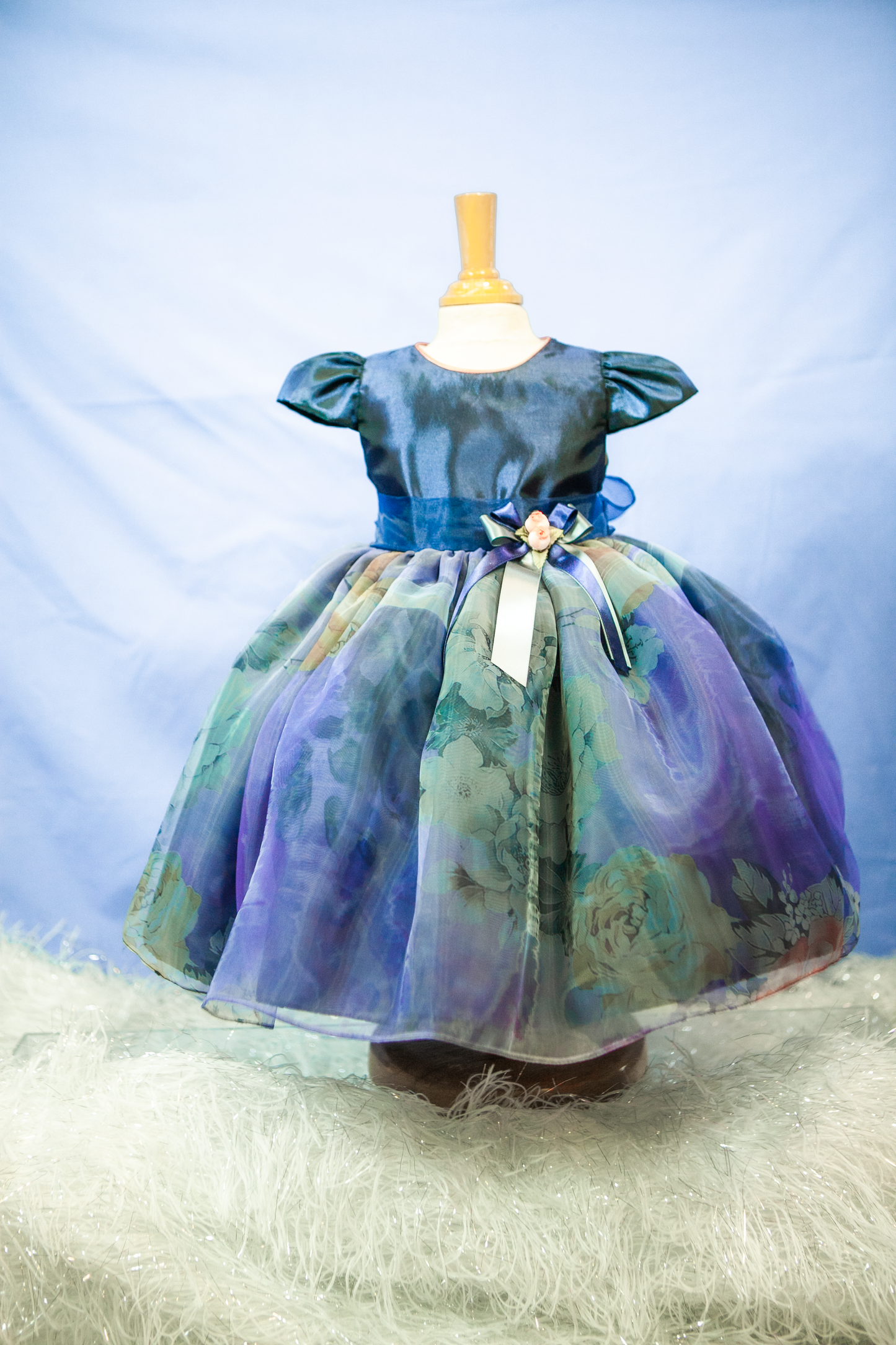 Custom Blue Floral Organza  Accent Girl Dress NDesign #4