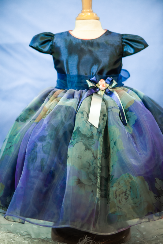Custom Blue Floral Organza  Accent Girl Dress NDesign #4