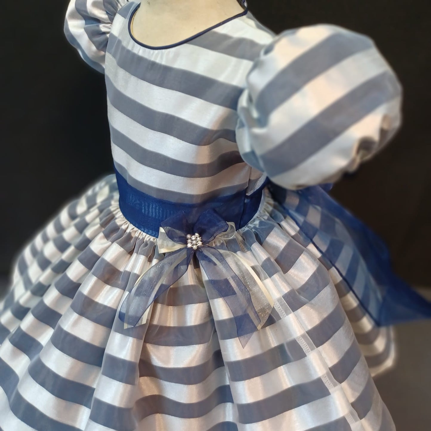 Custom Blue Accent Grey Stripe Girl Dress NDesign #15