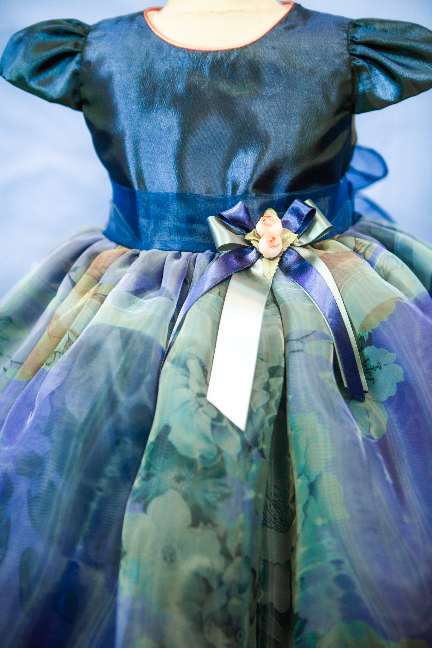 Custom Blue Floral Organza  Accent Girl Dress NDesign #4