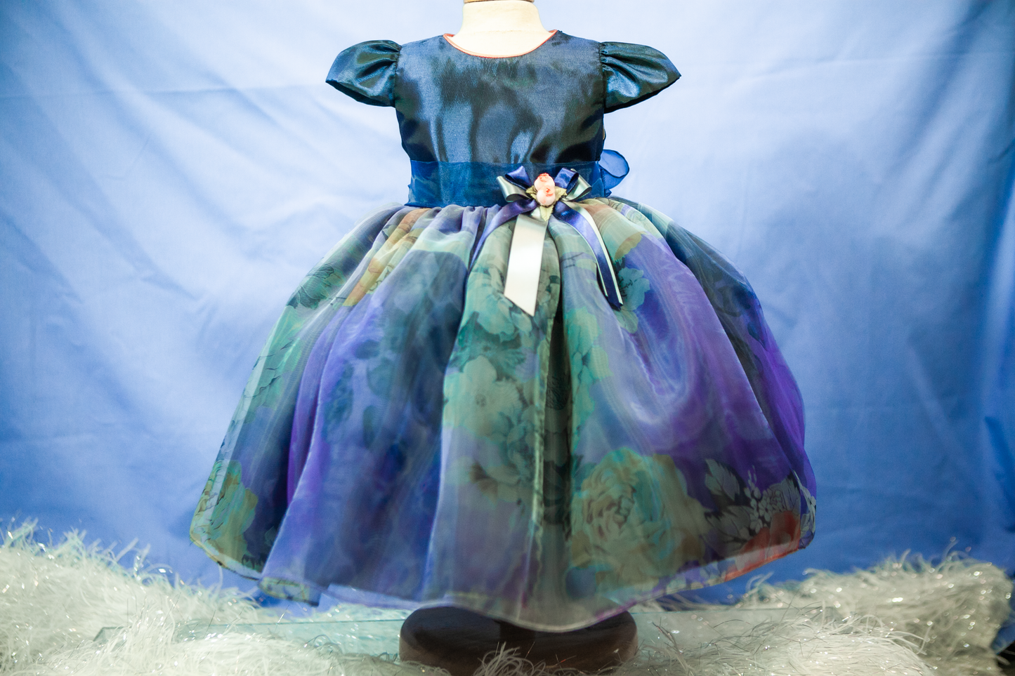 Custom Blue Floral Organza  Accent Girl Dress NDesign #4