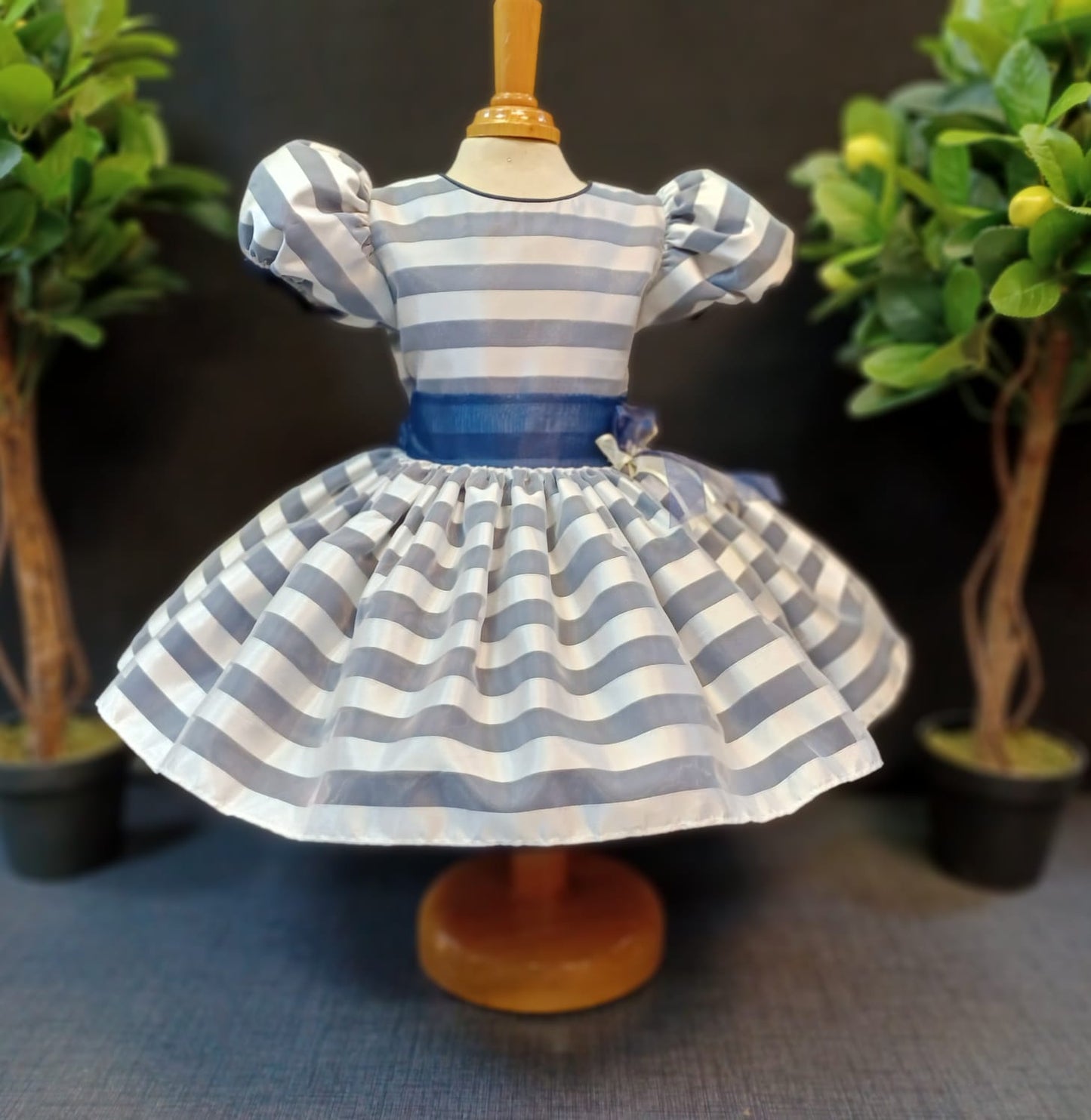 Custom Blue Accent Grey Stripe Girl Dress NDesign #15